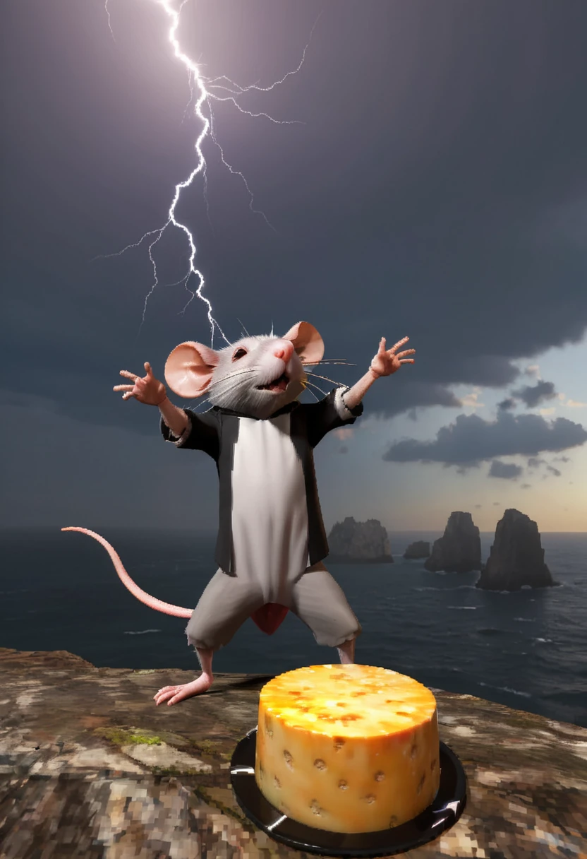 insane maniac rat worshiping and lifts a cheese high in the air, divine, on the cliff, backlit by lots of lightning, fisheye lense, y2k3dnerdessence <lora:y2k3dnerdessence_v0.0.1:0.75>