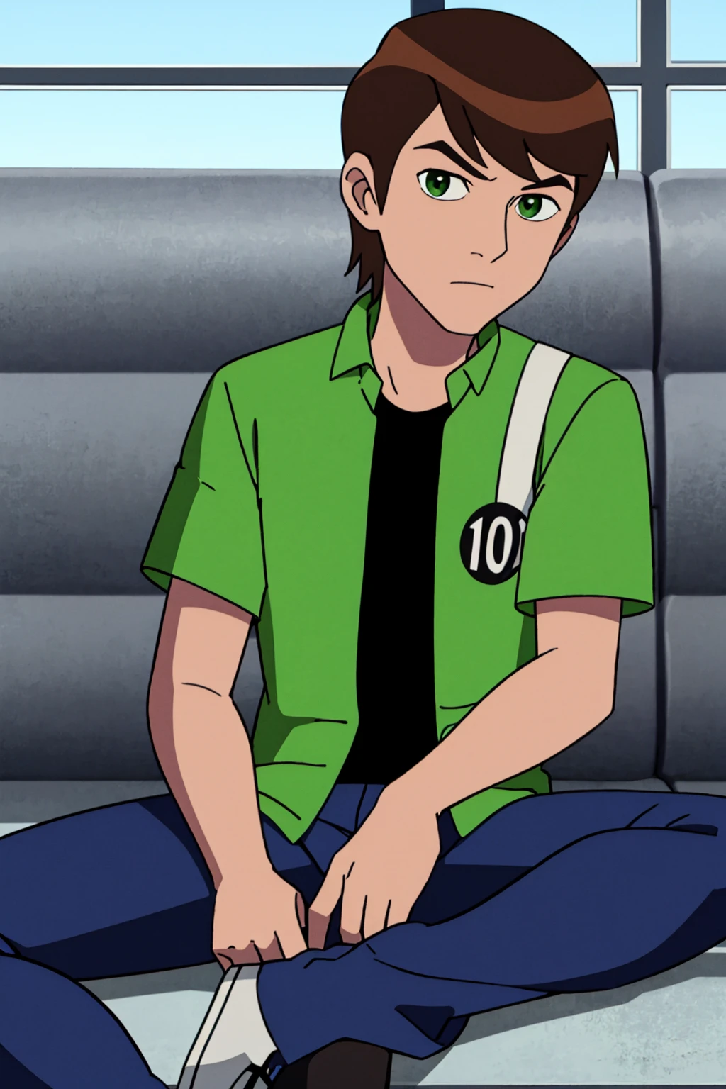 afben,brown hair,green eyes, bare legs, reading playboy magazine, aroused, bedroom interior,. Black shirt, green jacket with white stripe, white socks, bottomless, full view, sitting in office chair, erect penis, looking down, smiling, sighing, relieved, eyes closed, , open mouth, cumming, stroking penis,