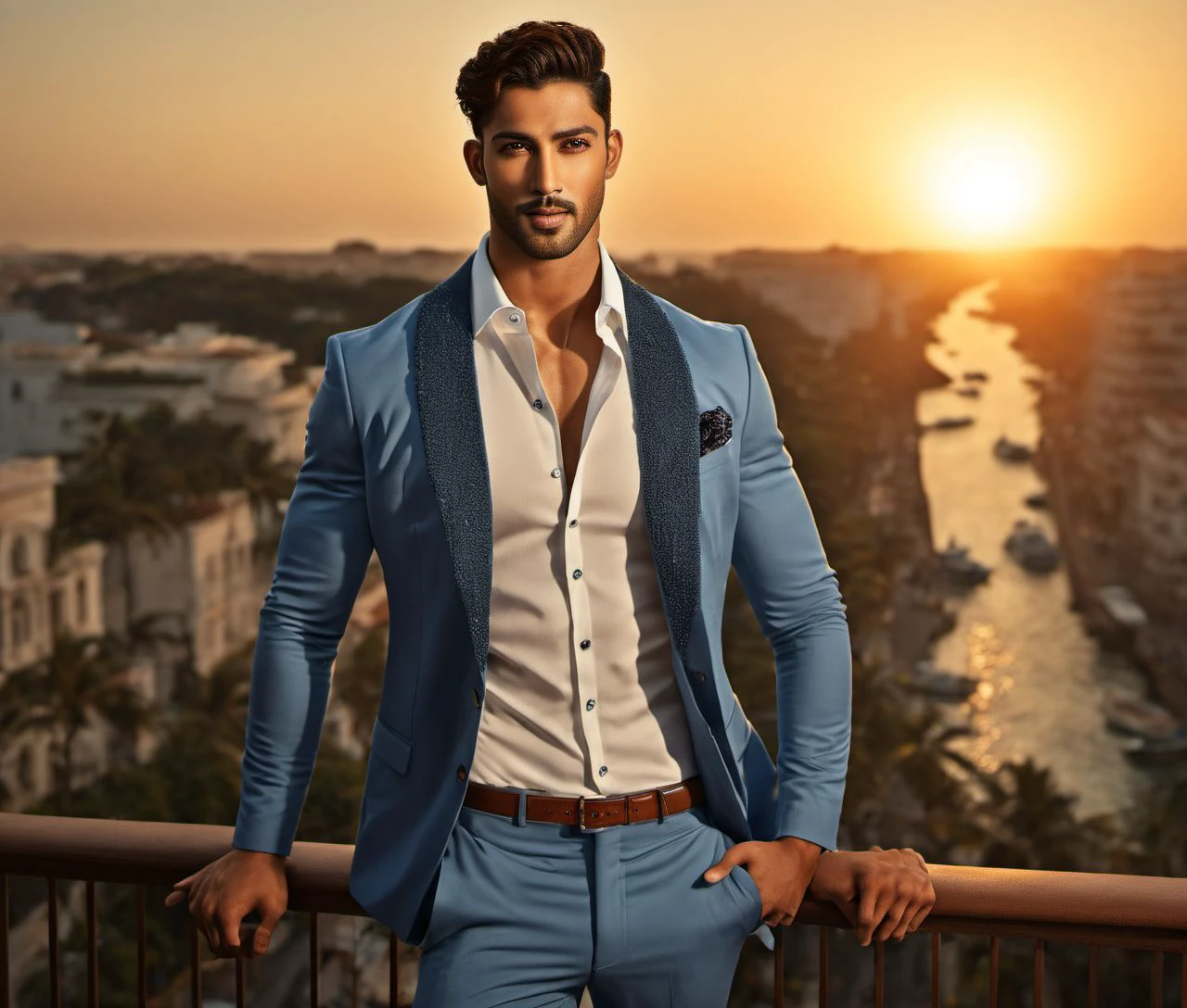 Nautical-themed (Photo:1.3) of (Ultrarealistic:1.3) <lora:Man_Men_FFashion:1> Varun Dhawan a man <lora:Bretfelean-Dylan-Jason_Varun-Dhawan:0.9> in a blue suit standing on a balcony, handsome man, attractive man, handsome male, sun behind him, inspired by Pablo Munoz Gomez, shot at golden hour, editorial photograph, midshot of a hunky, by Roman Bezpalkiv, by Artur Tarnowski, maxim sukharev, by Gabor Szikszai,Highly Detailed,(Mono Color:1.3) . Sea, ocean, ships, maritime, beach, marine life, highly detailed