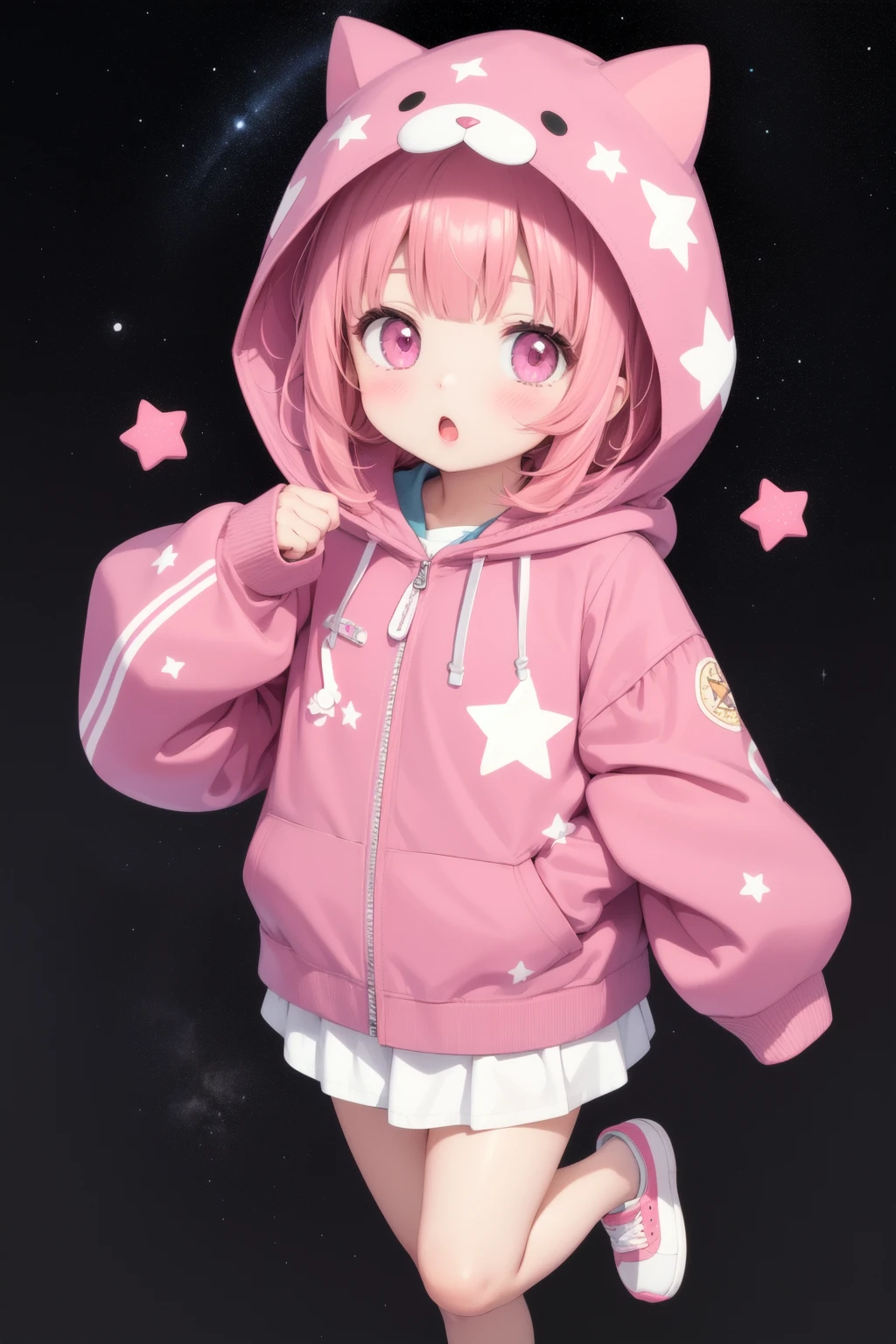 masterpiece, best quality, 1girl, solo, long hair, looking at viewer, blush, open mouth, bangs, long sleeves, jacket, pink hair, hood, pink eyes, star \(symbol\), :o, sleeves past wrists, hooded jacket, red jacket, hood up, star print. oversized pink shoes