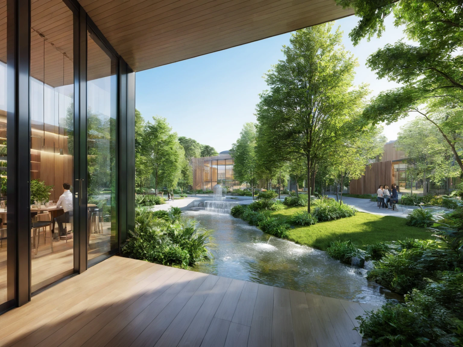 The image showcases an architectural rendering of a modern indoor space, possibly a communal area or garden within a building complex. The space is adorned with lush greenery, including trees, shrubs, and plants. A tranquil water feature with cascading water flows through the center of the space. Large glass windows and doors provide a view of the outside, and there are several people seated or walking around, enjoying the serene environment. The interior design is contemporary, with sleek lines, wooden finishes, and minimalistic decor.<lora:binshui-000025:0.6>