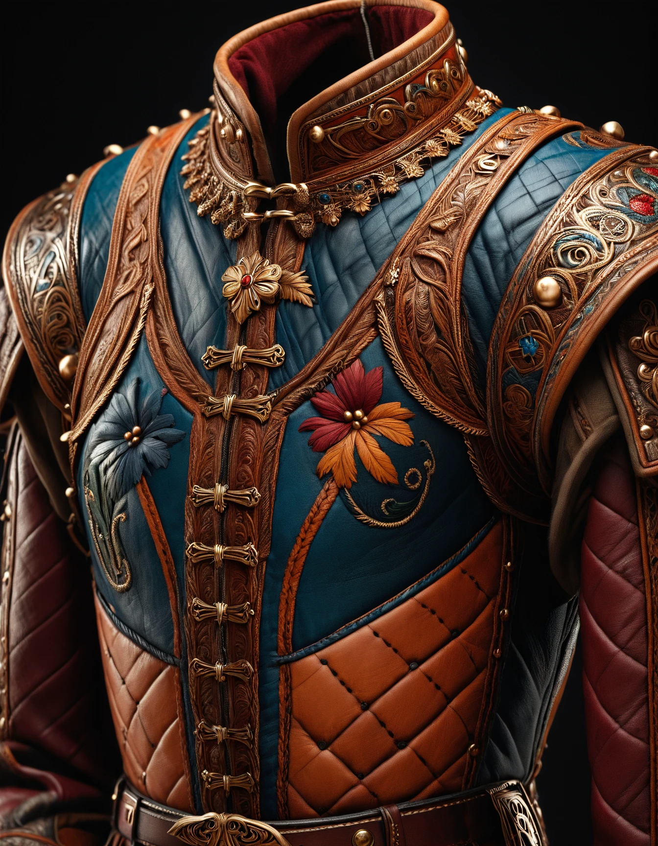 product photography of a colorful leather garb, zavy-lndskncht, masterpiece, award-winning, professional, highly detailed, atmospheric lighting, low key lighting, 100mm f/2.8 macro lens, fabric