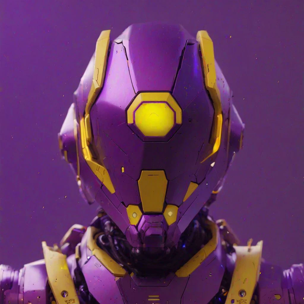 a robot with a purple light on its face and a yellow helmet on its head