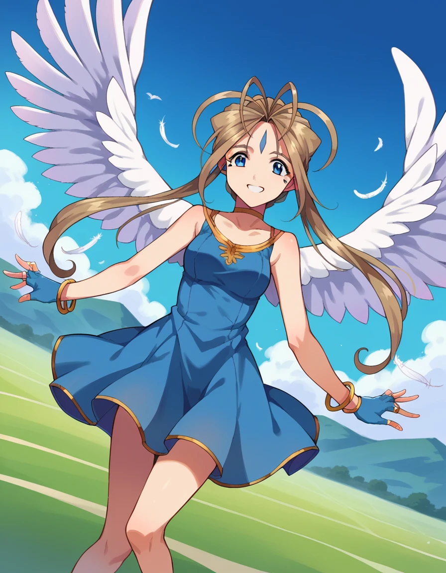 score_9, score_8_up, score_7_up, source_anime,
belldandy, <lora:belldandy-ponyxl-lora-nochekaiser:1>,
belldandy, long hair, blue eyes, brown hair, facial mark, forehead mark,
gloves, wings, choker, fingerless gloves, bracelet, ring, feathers, angel wings,
outdoors, sky, blue sky, clouds, sun, flying,
looking at viewer, cowboy shot, dynamic pose, dutch angle,