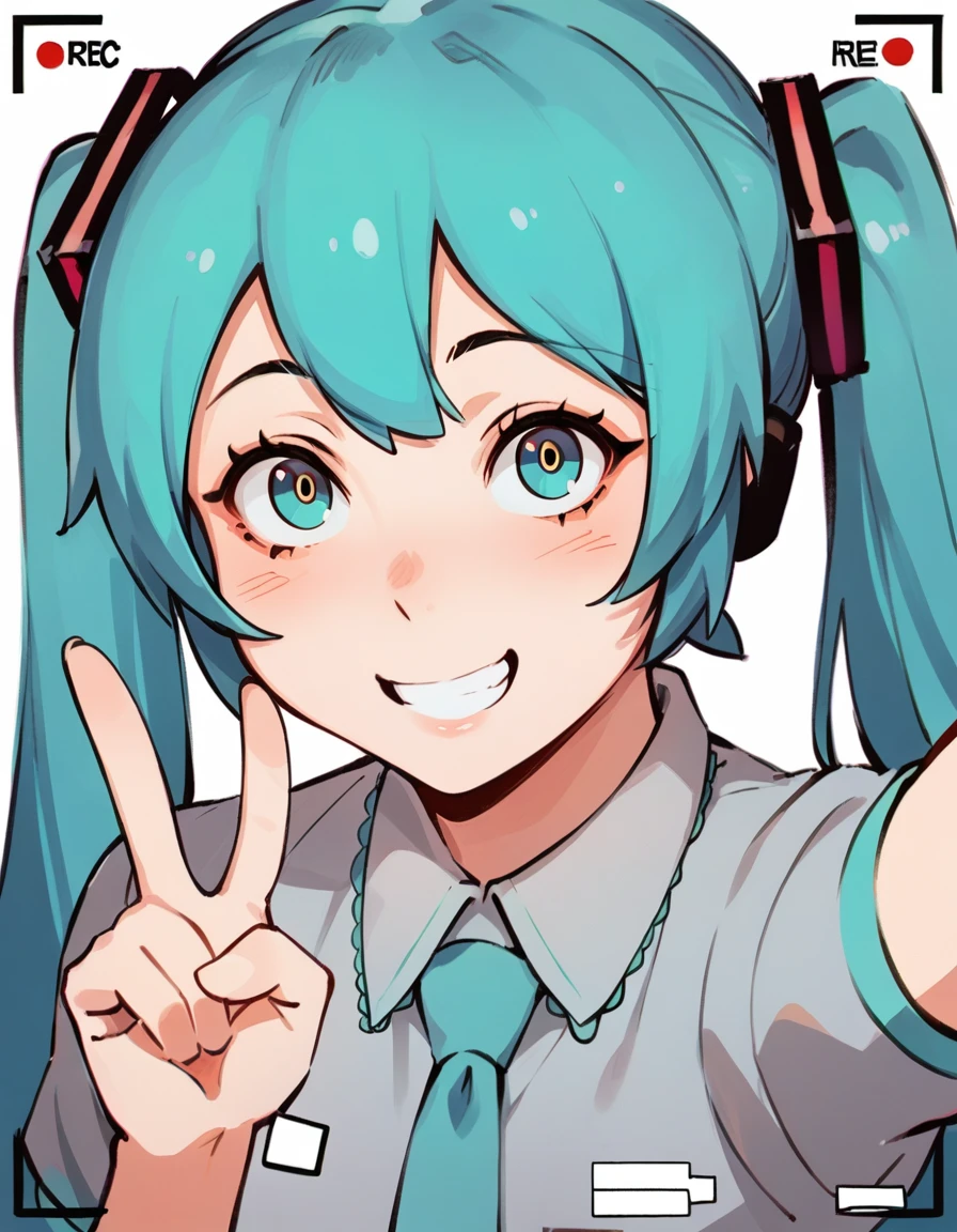 score_9, score_8_up, score_7_up, score_6_up, score_5_up, score_4_up, source_anime, BREAK <lora:Ilya_Kuvshinov_Artist_STL3_ponyXL:1>
hatsune_miku, solo, 1girl, smile, adorable face , cute, long eyelashes, elbow out of frame, one hand out of frame, necktie, selfie, closeup, recording, pov, v sign, upper_body