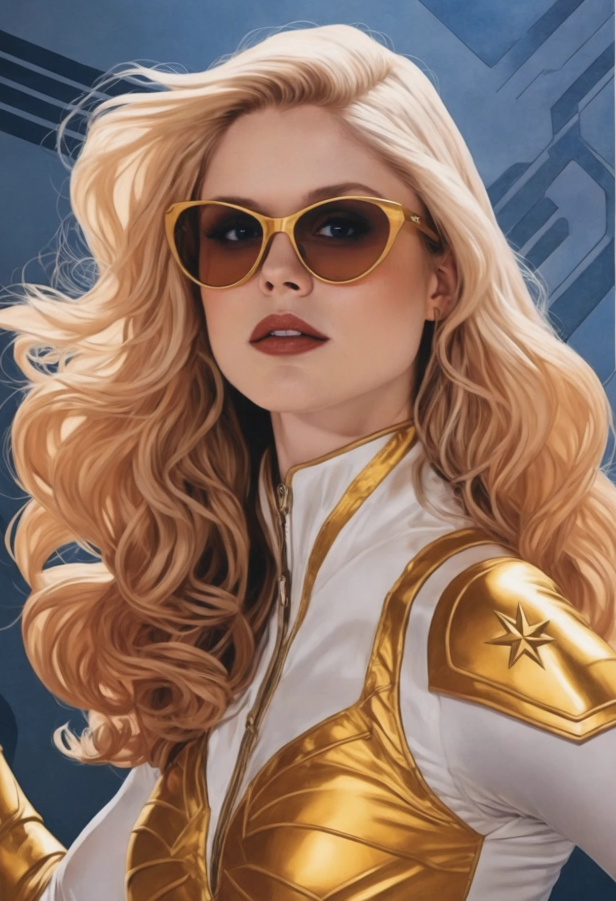 erin_moriarty in a superhero pose, starlight_costume, comic book illustration by ( Catherine Hyde ) and Hajime Sorayama ) and Bedwyr Williams ) and Arthur Hacker, dof, <lora:erin_moriarty_sdxl_60:0.85>, <lora:comic_book_illustration:1.5>