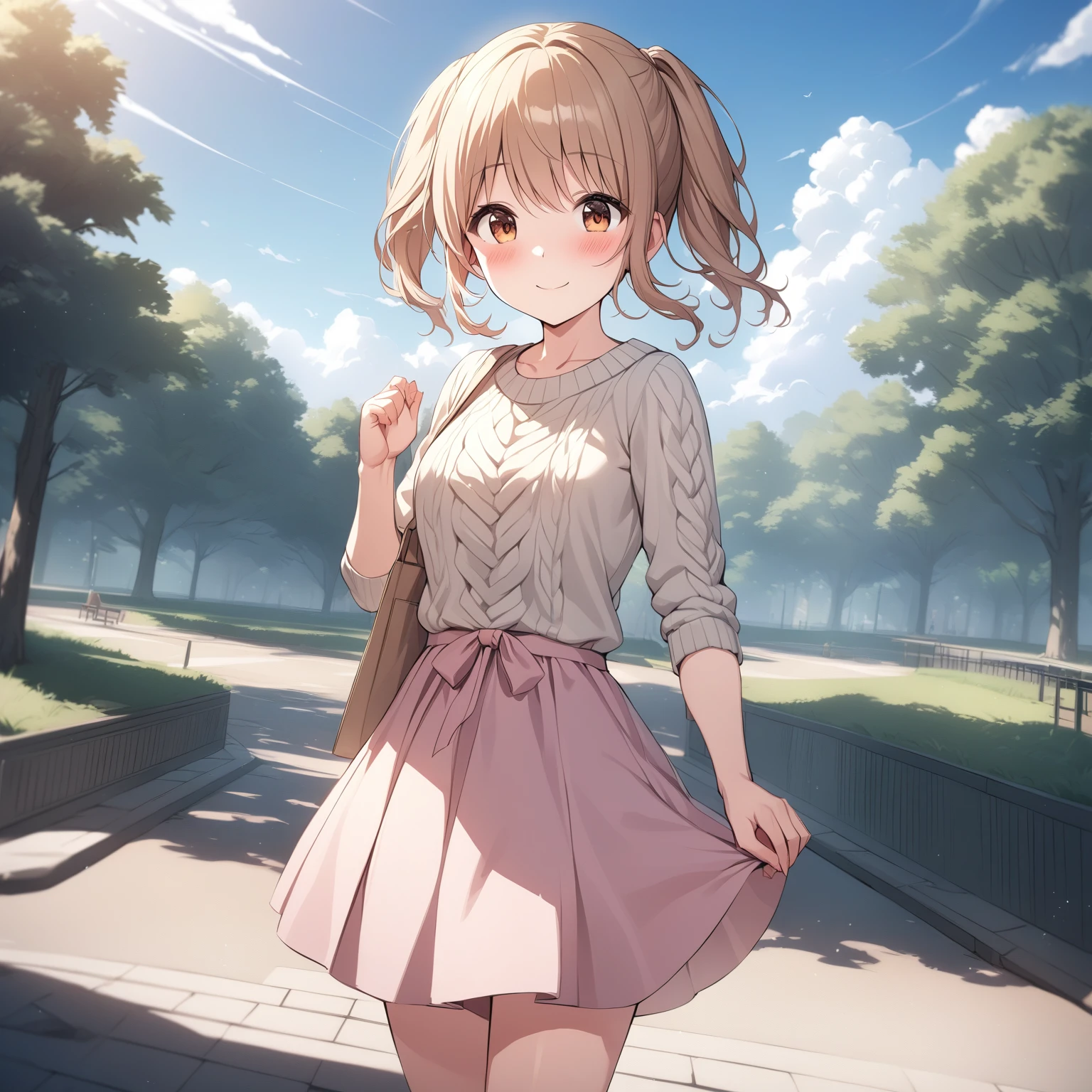 [high quality, best quality], [cinematic], 1girl, solo, kawasaki sakura, casual, sweater, pink skirt, park, outdoors, smile, blush, day, sky, cloud, [bloom, hdr], <lora:skr:0.72>