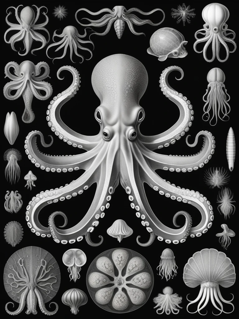 Art Forms in Nature, octopus, intricate, detailed, biology, biology diagram, poster, artforms in nature, ernst haeckel, masterpiece, grayscale, art, symmetry, black background <lora:Artforms in Nature - Ernst Haeckel:1>