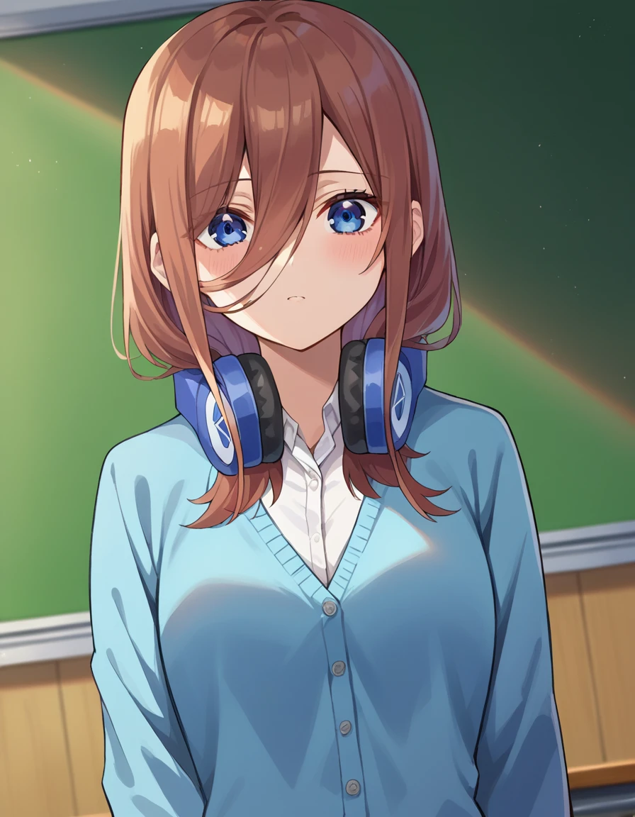 score_9, score_8_up, score_7_up, source_anime,
mikunakano, <lora:miku-nakano-pruned-ponyxl-lora-nochekaiser:1>,
miku nakano, long hair, bangs, blue eyes, brown hair, shirt, hair between eyes, headphones, cardigan, headphones around neck,
skirt, shirt, long sleeves, white shirt, pantyhose, pleated skirt, black pantyhose, cardigan, green skirt, blue cardigan,
indoors, classroom,
looking at viewer, cowboy shot, dutch angle,