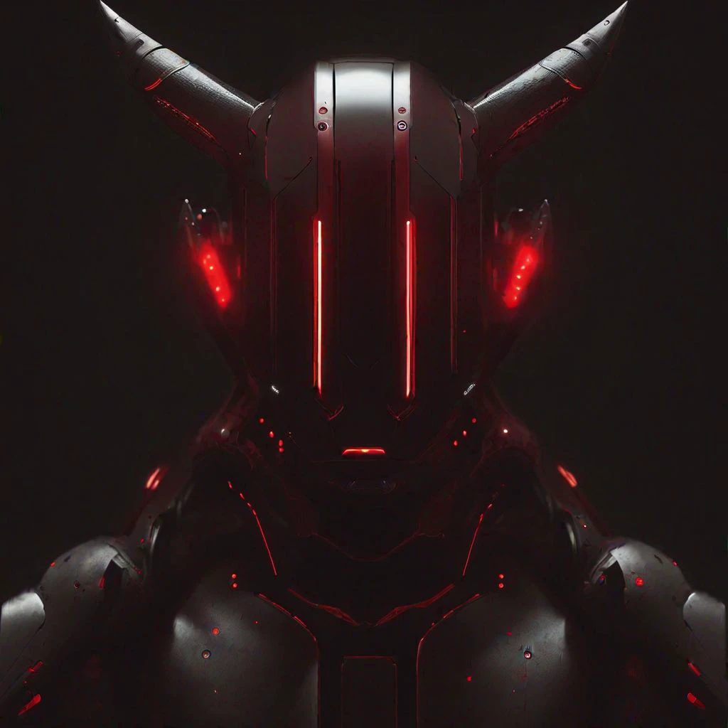 a robot with horns and a red light on his face is standing in front of a black background with red lights