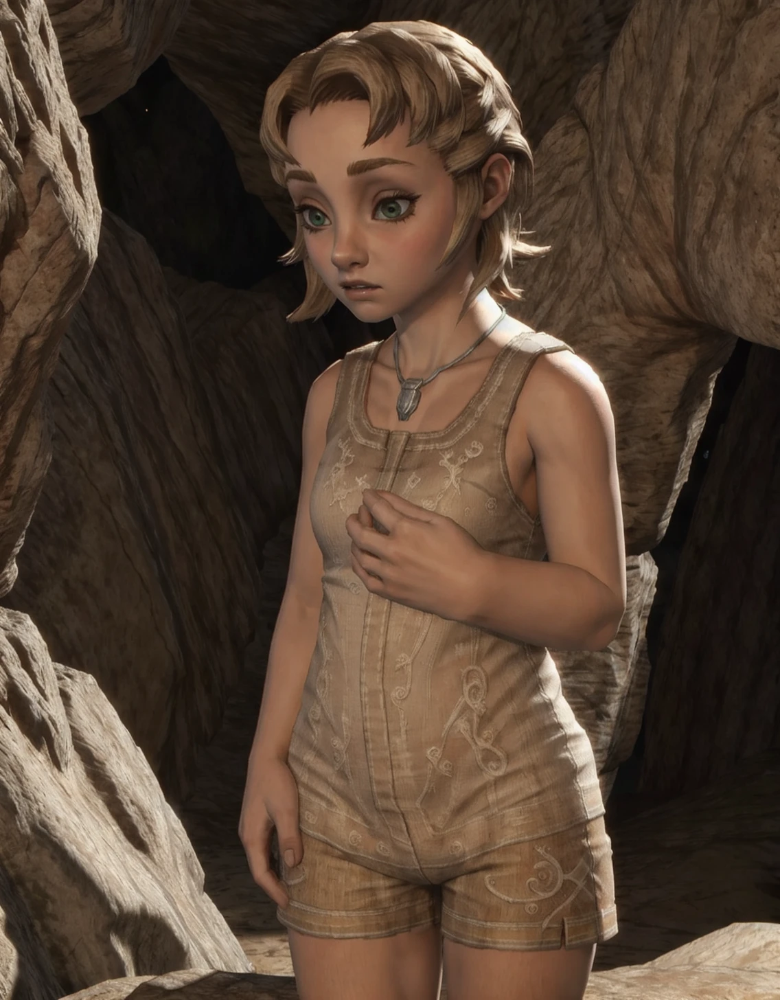 <lora:Ilia_-_Legend_of_zelda:1> iliazelda, 1girl, necklace, vest, shorts, sad (cute, pretty:1) ancient desert, BREAK, 8k, hi res, 40mm lens, (Best quality, masterpiece:1.2)