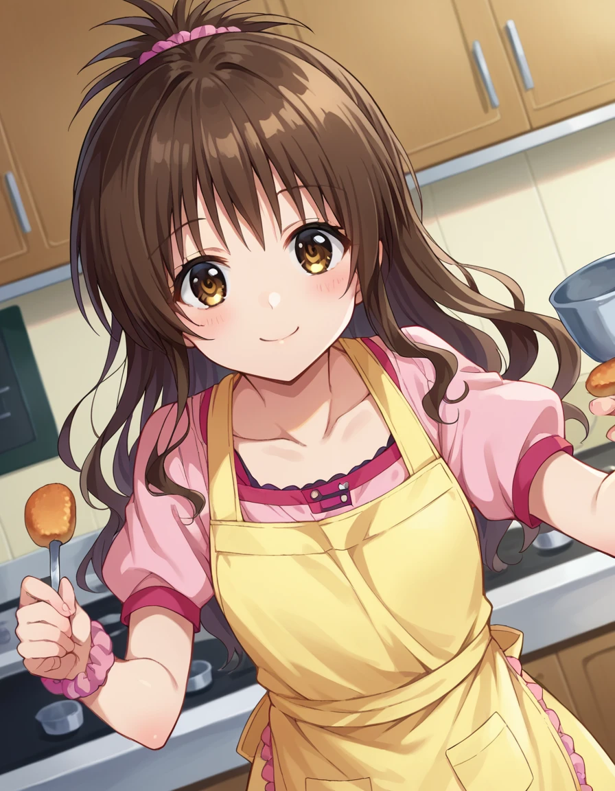 score_9, score_8_up, score_7_up, source_anime,
mikanyuuki, <lora:mikan-yuuki-ponyxl-lora-nochekaiser:1>,
mikan yuuki, brown eyes, brown hair, hair ornament, hair scrunchie, long hair, pink scrunchie, scrunchie, smile,
apron, blouse, collarbone, layered skirt, pink shirt, shirt, short sleeves, skirt, yellow apron,
indoors, kitchen, food,
looking at viewer, cowboy shot, dutch angle, dynamic pose,