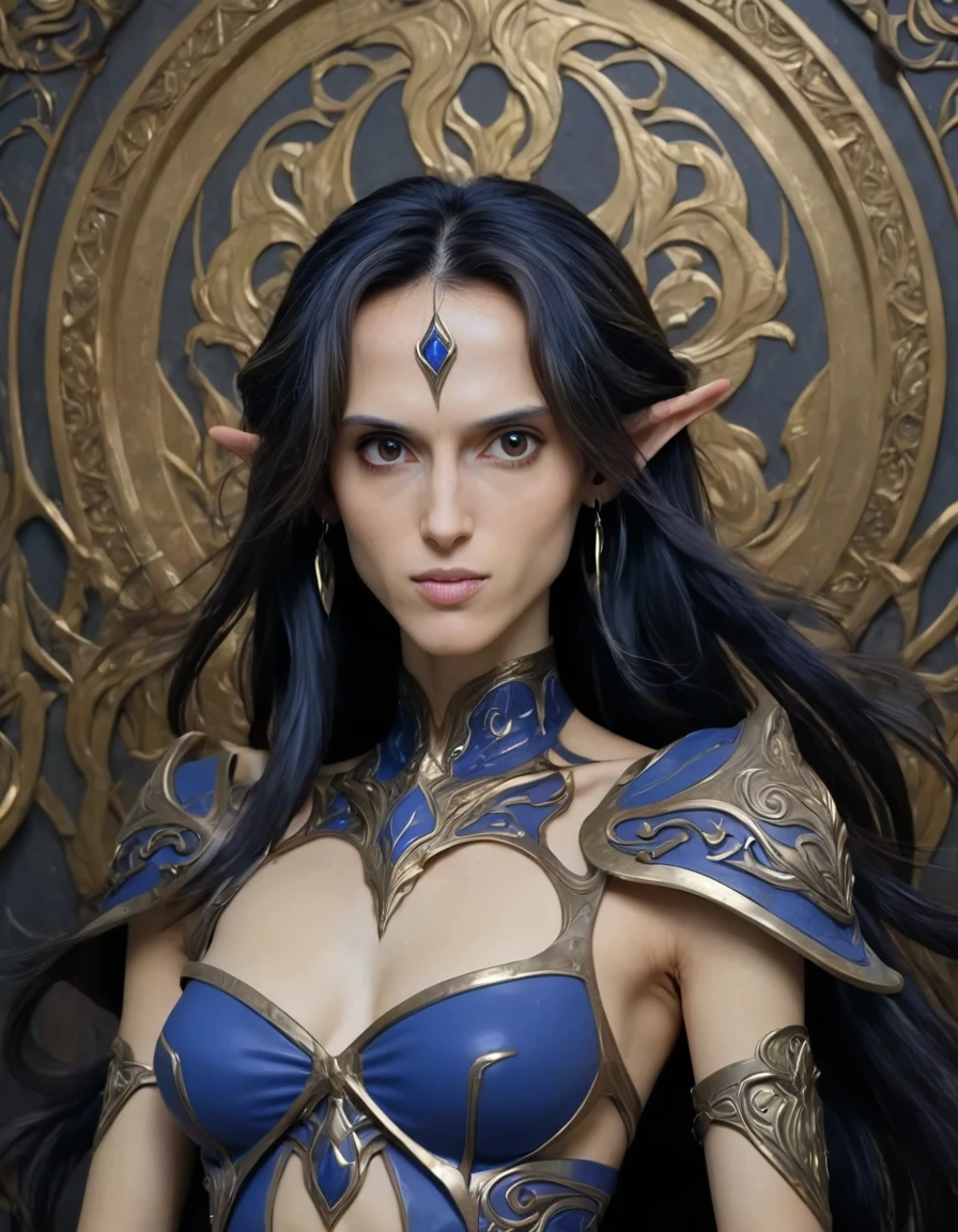 Cleo Abram, (2D anime illustration by Masami Åbari and Shotaro Ishinomori:1.2), dark elves (dunmer), aesthetic of art nouveau with overcast atmosphere, inspired exceptional magnum with astounding details, (vibrant and sapphire blue colors:0.1), (center composition, framing:0.1) <lora:Cleo Abram:1>