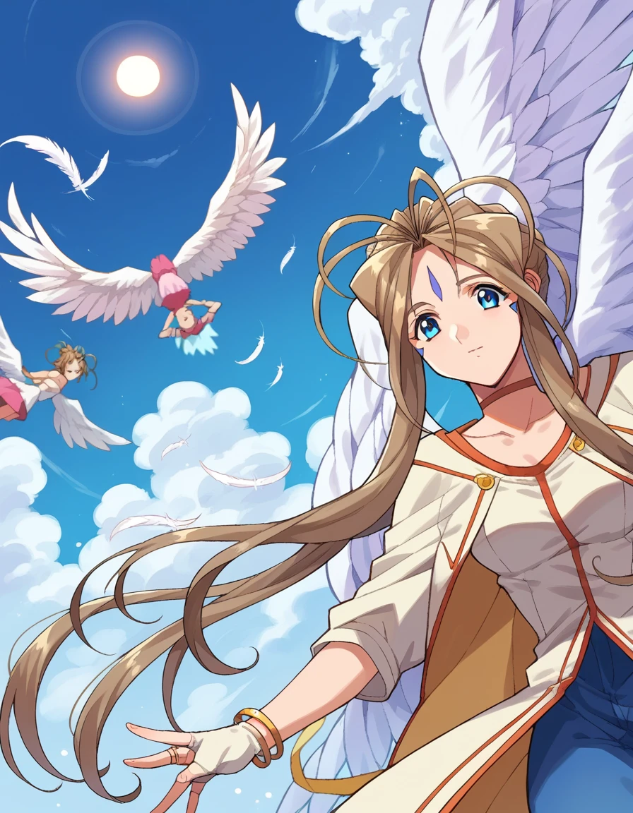 score_9, score_8_up, score_7_up, source_anime,
belldandy, <lora:belldandy-ponyxl-lora-nochekaiser:1>,
belldandy, long hair, blue eyes, brown hair, facial mark, forehead mark,
gloves, wings, choker, fingerless gloves, bracelet, ring, feathers, angel wings,
outdoors, sky, blue sky, clouds, sun, flying,
looking at viewer, cowboy shot, dynamic pose, dutch angle,