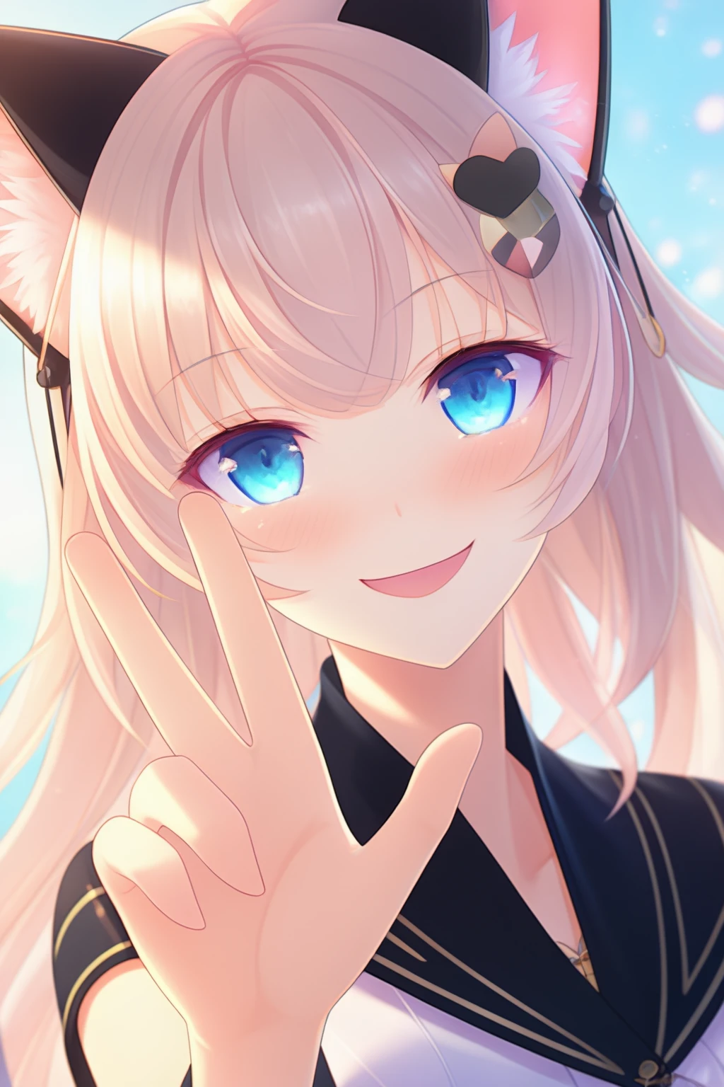 (extremely aesthetic, best quality, newest), 1girl, solo, cat ears, looking at viewer, blush, light smile, waving, pov,