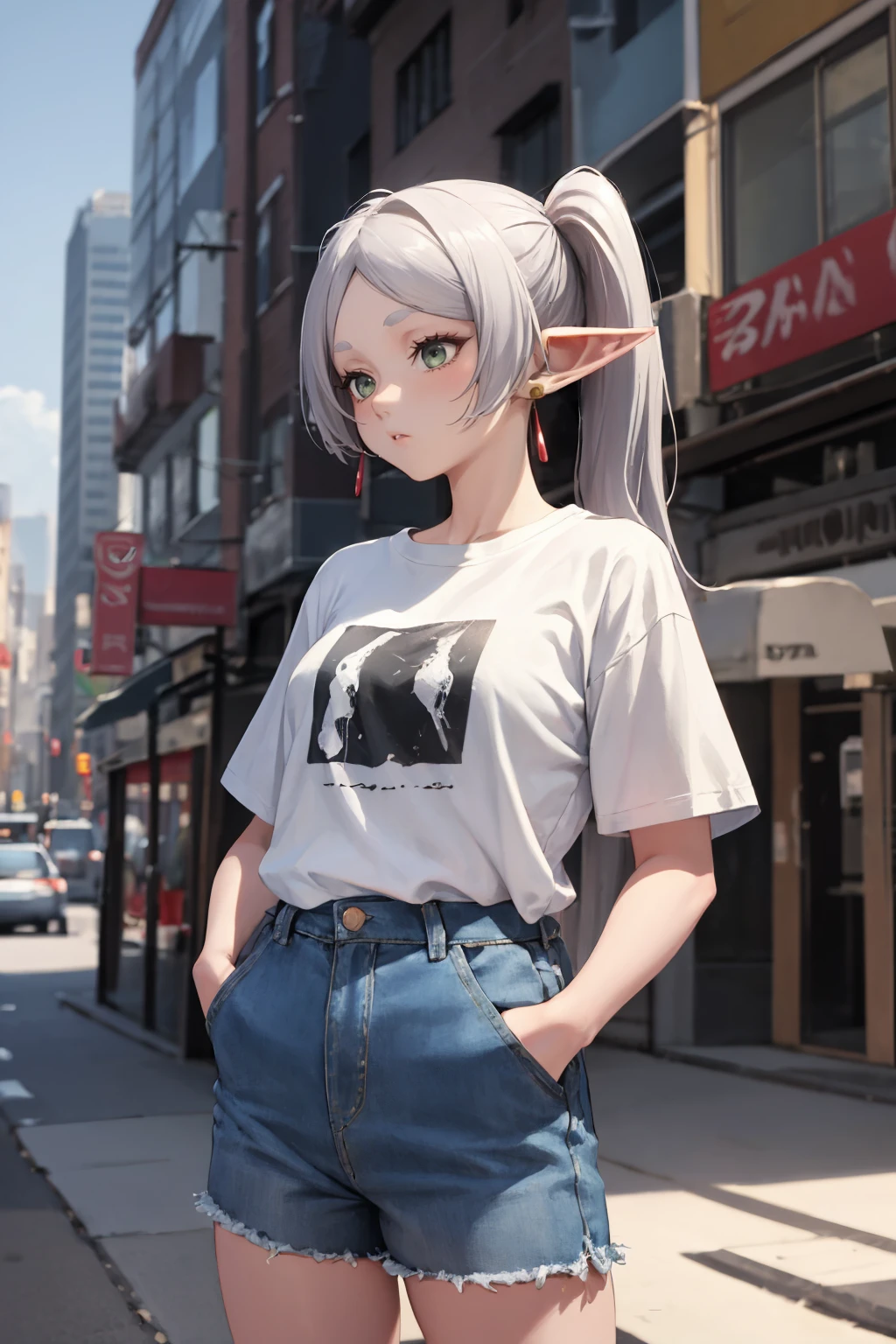 masterpiece, best quality, absurdres, 1girl, solo, Frieren, long hair, twintails, earrings, t-shirt, denim shorts, standing, outdoors, city, hands in pockets, <lora:FrierenV2:1.0>