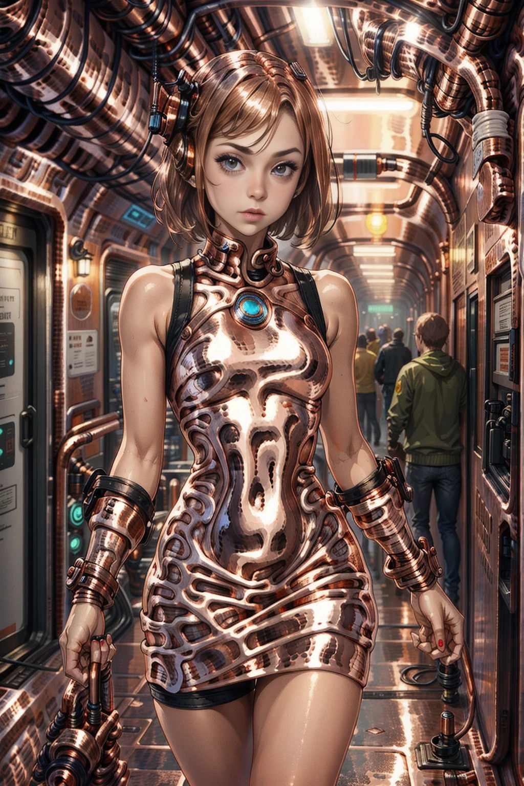 <lora:CopperWorld:1> (CopperWorld:1.1) 1girl    (sexy skinny red blonde:1.2) ( dress:1.4) on (cyber city underground:1.4),