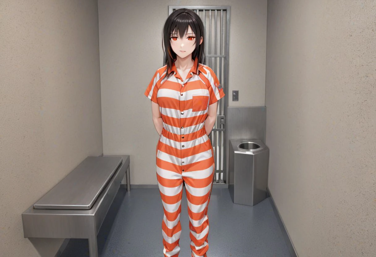 MAXSEC_STYLE_CELL, dark theme, (1girl tifa standing wearing orange_white_striped_jumpsuit), cell_interior_shot, ((cell_door_v2)), cell_desk, steel_toilet, single_bed