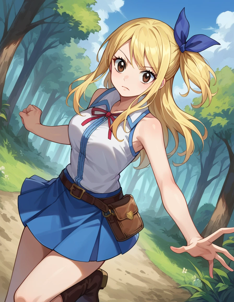score_9, score_8_up, score_7_up, source_anime,
lucyheartfilia, lucy heartfilia, blonde hair, brown eyes, one side up, ribbon, hair ribbon, blue ribbon, long hair, smile,
skirt, shirt, bare shoulders, boots, sleeveless, blue skirt, sleeveless shirt, white shirt, zipper,
outdoors, forest, nature,
looking at viewer, cowboy shot, dutch angle, dynamic pose,
