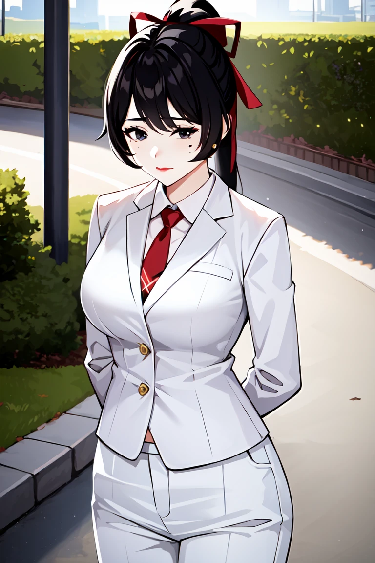mitsuki soma, 1girl, solo, mole under eye, black eyes, red lips, ponytail, black hair, long hair, white shirt, white pants, white jacket, white suit, red necktie, hair ribbon, upper body, outside, standing, park, arms behind back <lora:Mitsuki Soma6:0.85>