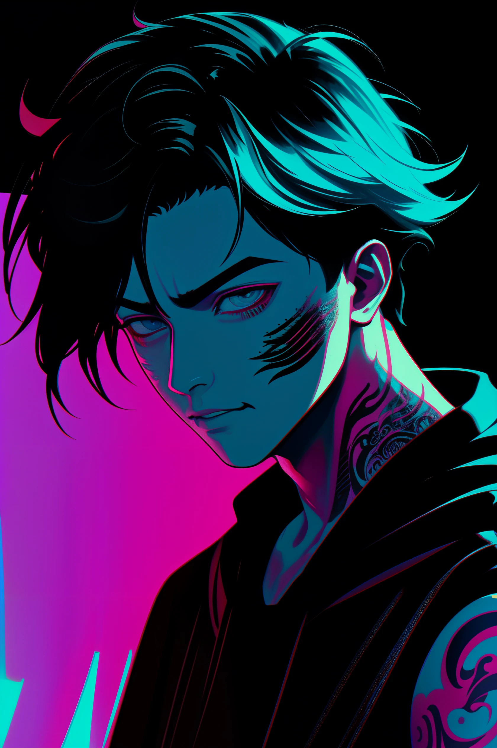 colorful,masterpiece,best quality,dynamic_angle,<lora:Rich colors:0.8>,chromatic aberration,1boy,tattoo,high contrast,