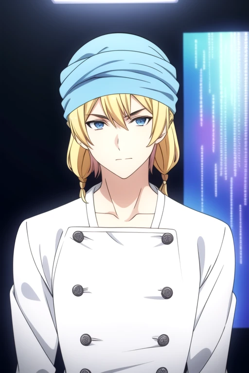 masterpiece, best quality, , 1boy, male focus, light blue eyes, medium blonde hair, muscle shirt, turban, solo, looking at viewer, upper body, , anime coloring, , science fiction soft science fiction, 32k resolution, <lora:shokugeki_no_souma_style:0.78>, shokugeki_no_souma_style