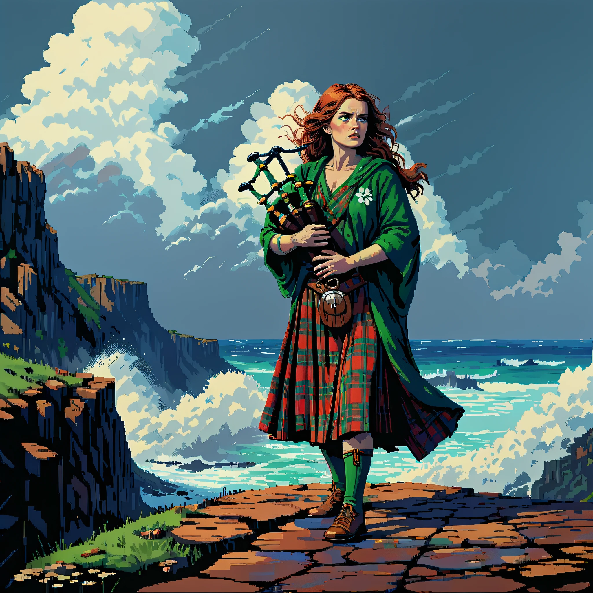 A female character from welsh legend stands proudly on the giants causeway wearing an irish tartan robe, playing the bagpipes before a stormy sea, (pulp_comic, heavy_lines, hand_drawn, hand_inked, hand_colored, perfect_face)