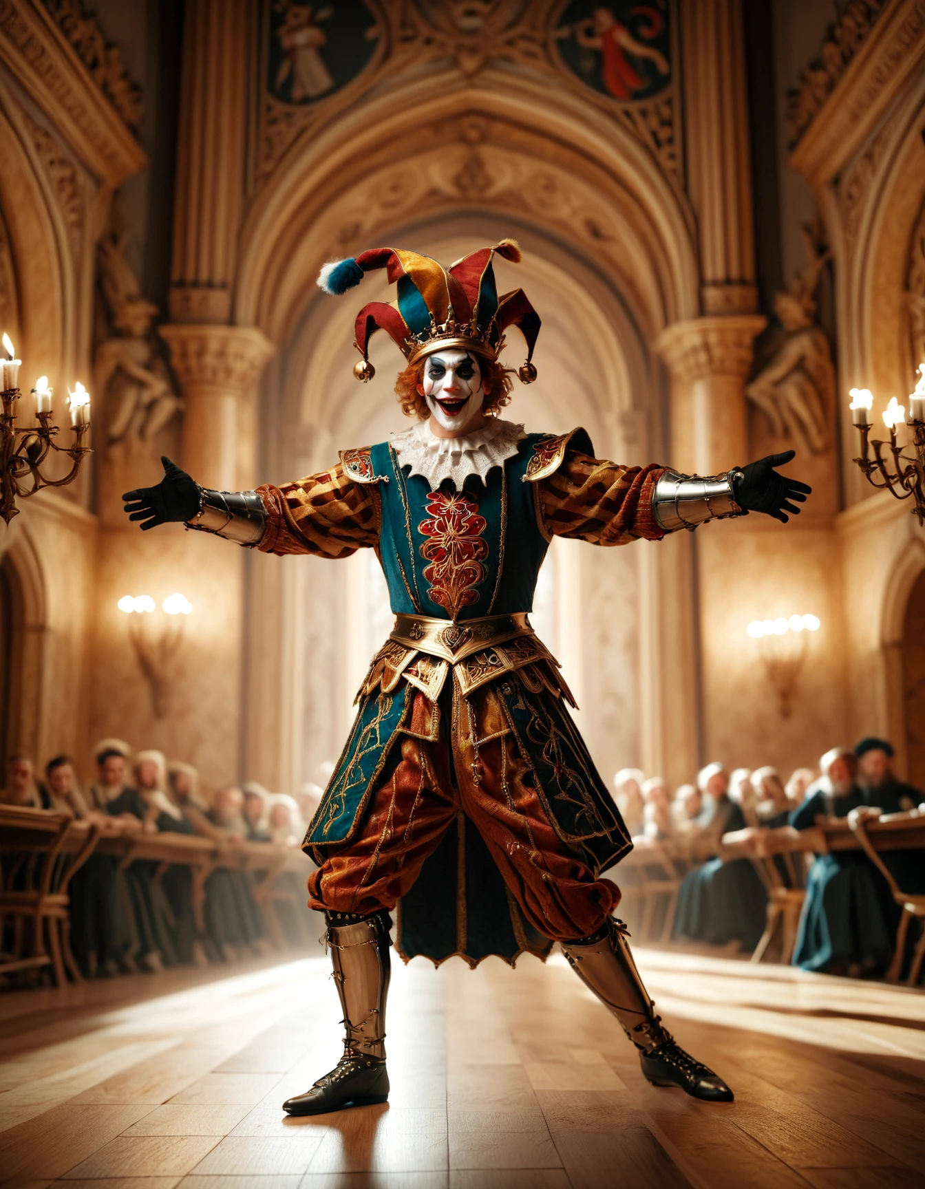 glamour shot of a jester dancing in a majestic court, zavy-lndskncht, masterpiece, award-winning, professional, highly detailed, atmospheric lighting, low key lighting, 100mm f/2.8 macro lens, fabric