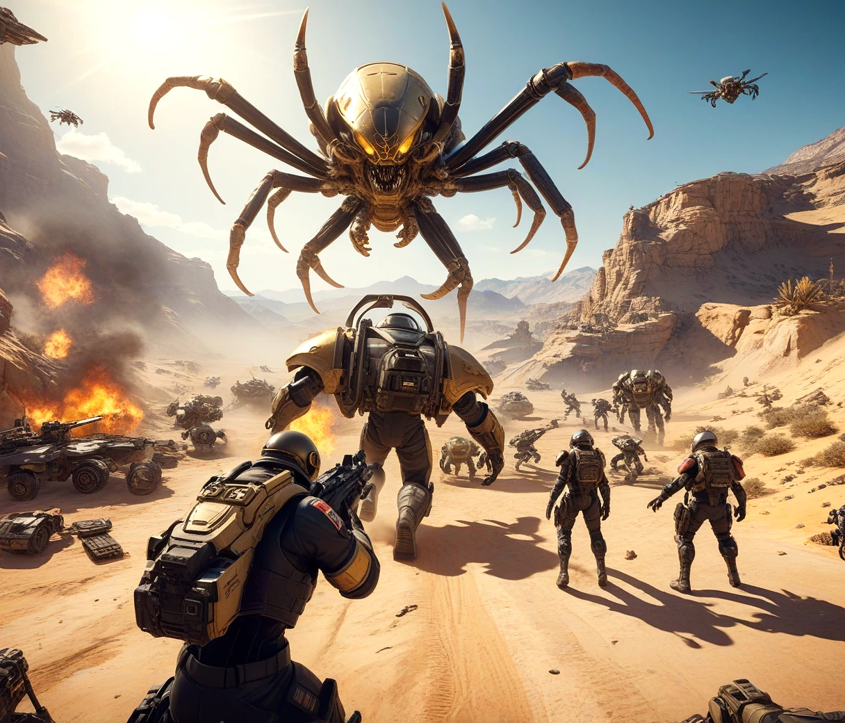game Helldivers 2 shootout with aliens, (big spider aliens), starship troopers style, explosions, fire, wide angle, full cinematic scene, from a distance, ray tracing