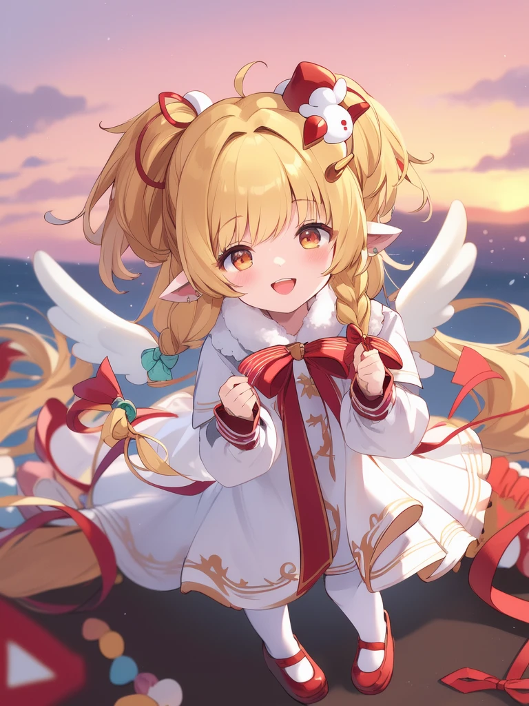 <lora:Mahira:0.8>,Mahira, 1girl, blonde hair, harvin, long hair, looking at viewer, solo, open mouth, smile, bird, braid, blush, ribbon, bangs, wings, red footwear, pantyhose, dress, animal ears, hair ornament, :d, shoes, chicken, white dress, red ribbon, pointy ears, sunset, outdoor,
masterpiece, high quality, very_high_resolution, large_filesize, full color,