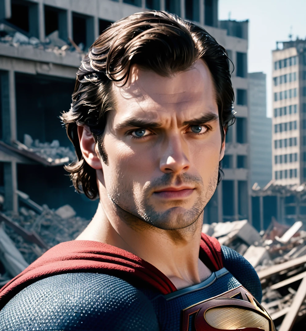 Photo of Henry cavill is superman , Age 25, superhero, upper body,cinematic, movie, grain movie (2020s), building destroyed , realistic , (8k, RAW photo, best quality, masterpiece:1.2), (realistic, photo-realistic:1.33), best quality, detailed eyes blue, cute,natural lighting, depth of field, film grain, wrinkled skin, sharp,