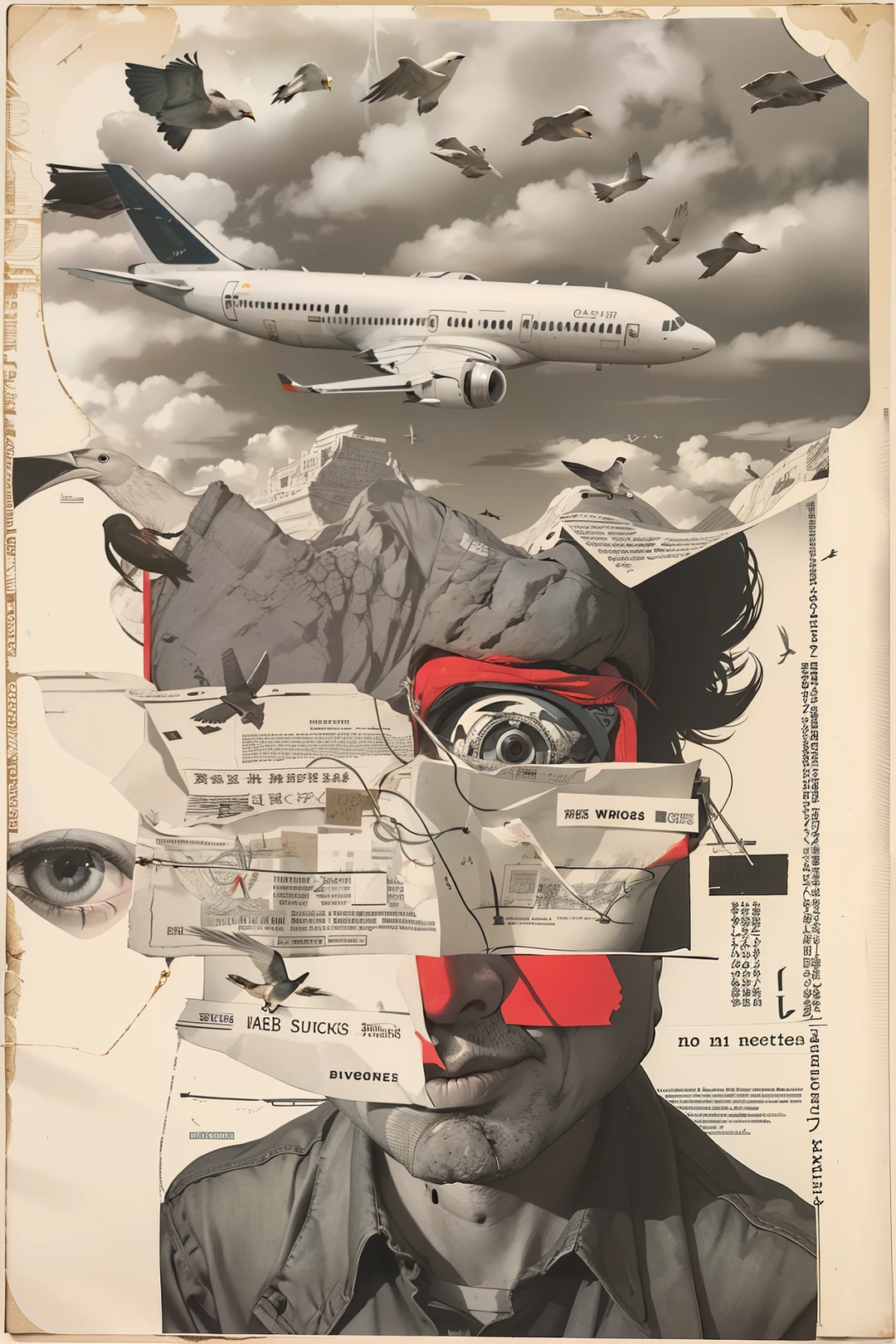 airplane, bird, cover, cover art, cutout, letter cutout, magazine cutout, paper cutout, paper_cutout, science fiction, text background, text in eyes, text markings, text_background, text_markings, web address, weirdcore