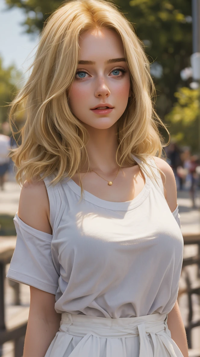 masterpiece ,realistic ,high quality, masterpiece, 1 girl, a beautiful young woman of 24 years, blonde hair, brig breasts, absurdly, white casual clothes, vertical, 8k,4k