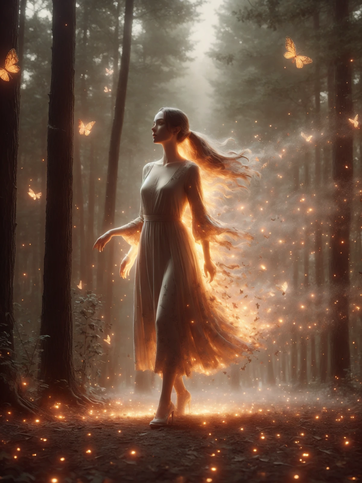 woman wearing a dress that is dissolving into mad-embr, dynamic walking pose, dreamlike mystical forest clearing at night, haze, butterflies, golden dust,night <lora:Embers_SD1.5:0.8>, (masterpiece:1.2), best quality, (hyperdetailed, highest detailed:1.2), high resolution textures