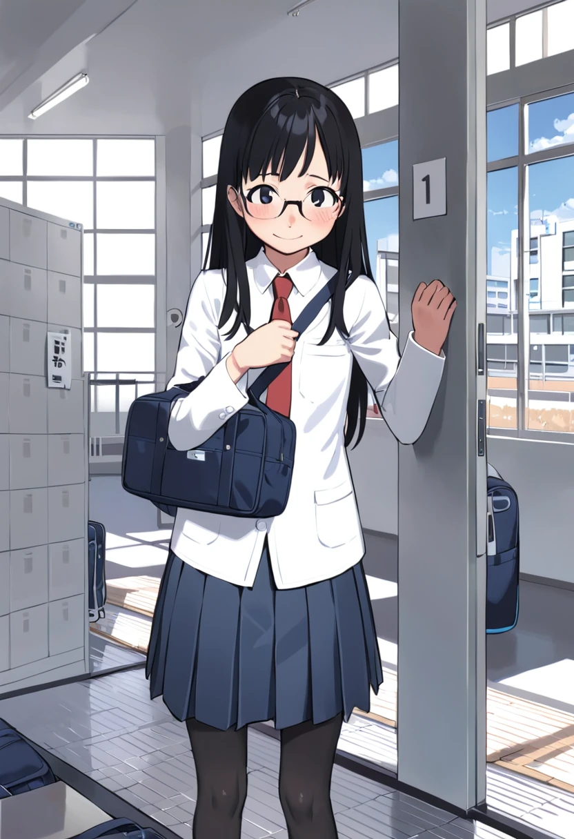 1girl, glasses, black hair, long hair, standing, red necktie, pantyhose, white shirt, blue skirt, collared shirt, pleated skirt, shy smile, blush, looking at viewer, solo focus, blue school bag,
getabako, scenery, window, locker, school, indoors, sunlight, building, day, reflective floor, bench, door
<lora:col_xl:0.8> <lora:gakkou_getabako_SDXL_V1:0.8>
best quality, ultra-detailed, illustration,