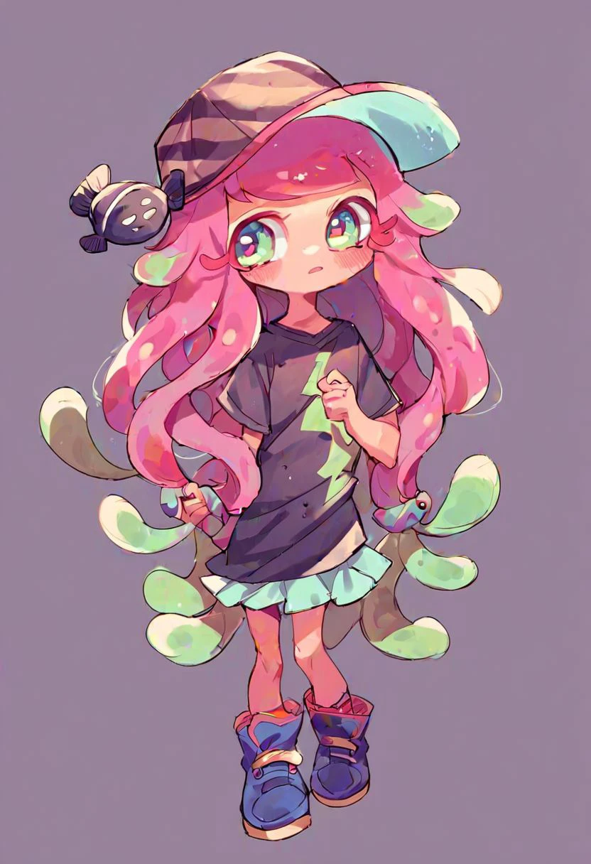 score_9, score_8_up, score_7_up, score_6_up, score_5_up, score_4_up, 1girl, girl, solo, pink hair, tentacle hair, hat, skirt, simple background, shirt, cute, fish, standing,