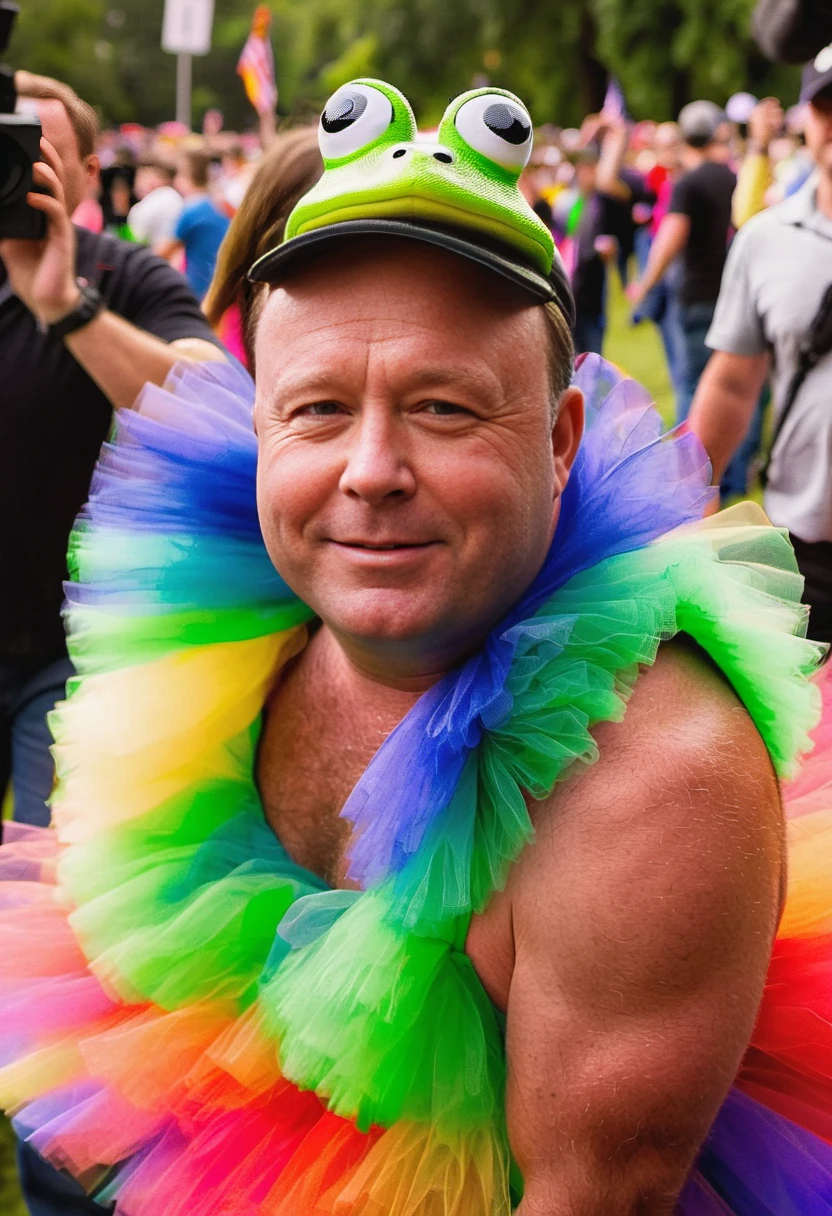 closeup portrait of alex jones wearing a rainbow tutu and a frog hat <lora:ALEX_JONES_XL-128:0.8>