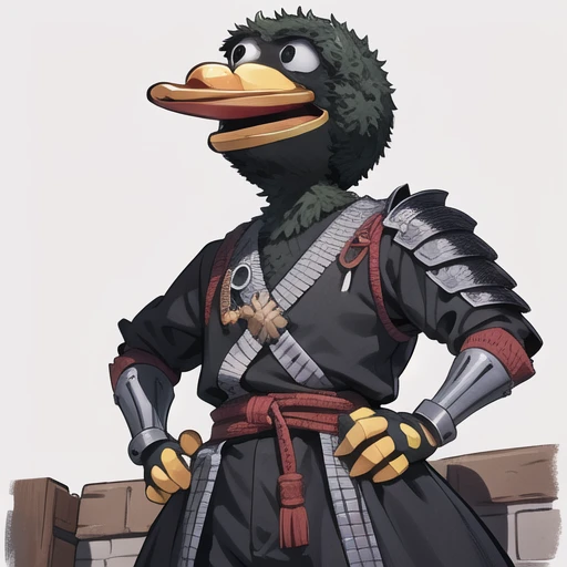 masterpiece, best quality, (duckguy), bird, beak, 1boy, solo, black eyes, open mouth, male focus, samurai armor, helmet, hands on hips, on stage
