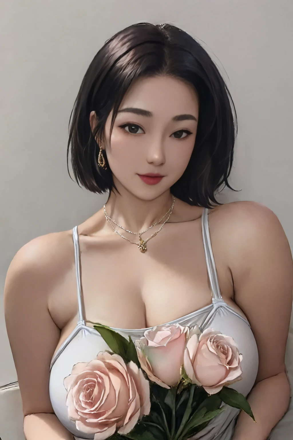 a K-pop idol , ,Japan
(((masterpiece))), ((best quality)), ((intricate detailed)), ((Hyperrealistic)), absurd res, milf, 20 years old young woman, perspective, highly detailed, illustration, 1girl, ((huge breasts)), perfect hands, detailed fingers, beautiful detailed eyes, updo hair, brown eyes , pantyhose, choker, perfect eyes, seductive eyes, looking at the viewer, from front,Huge breasts,Low-cut,Cleavage,wear glasses,noble,earrings,necklace,bracelet,White shirt,Suits,Miniskirt flower,flower vase,flower,Red lips,flowers
