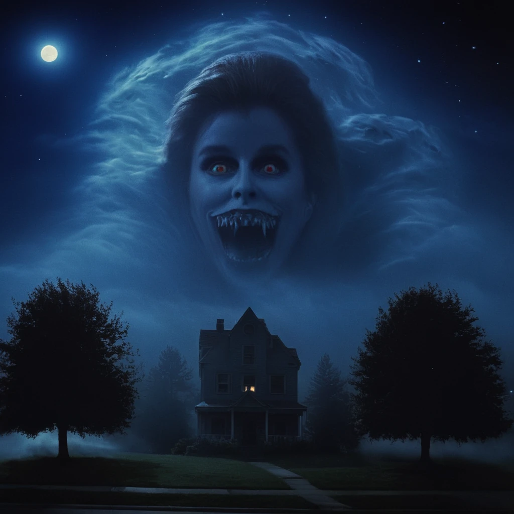 cinematic film still of <lora:Amy Peterson:1>
Amy Peterson, In the 1980's Vampire3 ghost creature Amy,Fog shaped ghost,ghost shaped fog,a creepy looking house with a scary big ghost face above in sky,blue night,outdoors,sky,teeth,tree,night,moon,sharp teeth,star (sky),night sky,scenery,full moon,starry sky,blue theme,giant , Horror themed, dark themed, Fright Night 1985 style, shallow depth of field, vignette, highly detailed, high budget, bokeh, cinemascope, moody, epic, gorgeous, film grain, grainy