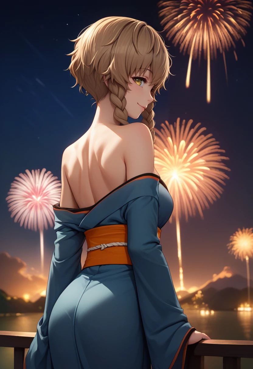 score_9, score_8_up, score_7_up, source_anime, from behind, solo, 1girl, amane suzuha, smile, looking back, blue kimono, off shoulder, orange sash, bare shoulders, fireworks <lora:steinsgate_amane_ponyXL:1>