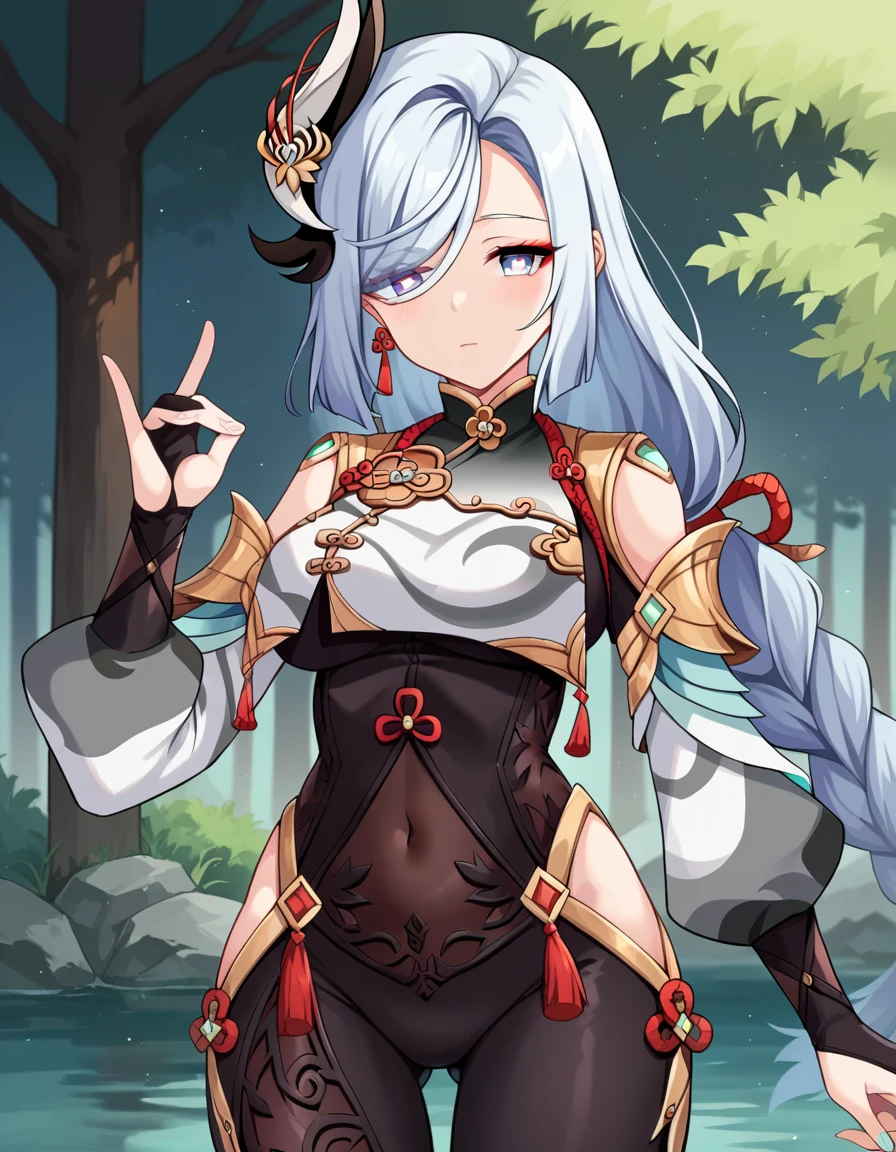 score_9, score_8_up, score_7_up, source_anime,
shenhe, <lora:genshin-shenhe-ponyxl-lora-nochekaiser:1>,
shenhe, blue eyes, braided ponytail, earrings, eyelashes, eyeliner, eyes visible through hair, eyeshadow, hair between eyes, makeup, red eyeshadow, sidelocks, single earring, symbol-shaped pupils, tassel, tassel earrings, white hair, long hair,
arm support, bare shoulders, black bodysuit, black gloves, bodysuit, breast curtain, chinese knot, clothing cutout, covered navel, detached sleeves,gloves, gold trim, hip vent, jewelry, long sleeves, partially fingerless gloves, puffy detached sleeves, puffy long sleeves, puffy sleeves, shoulder cutout, side cutout, stomach cutout, thigh cutout, white sleeves,
outdoors, shrine, forest, nature,
looking at viewer, cowboy shot, dutch angle, dynamic pose, kuji-in, hand gesture,