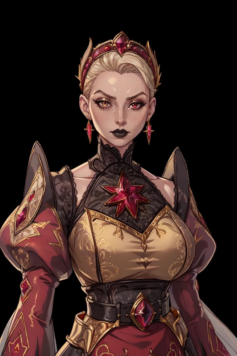 Beautiful albino woman with detailed braided medieval hairstyle (white hair), wearing detailed medieval gown (red and black colours), with gold accessories and gold tiara, medieval queen, medieval woman,queen,game of thrones style,daenerys targaryen style, high quality, very detailed,hd quality, masterpiece,(purple eye colour)