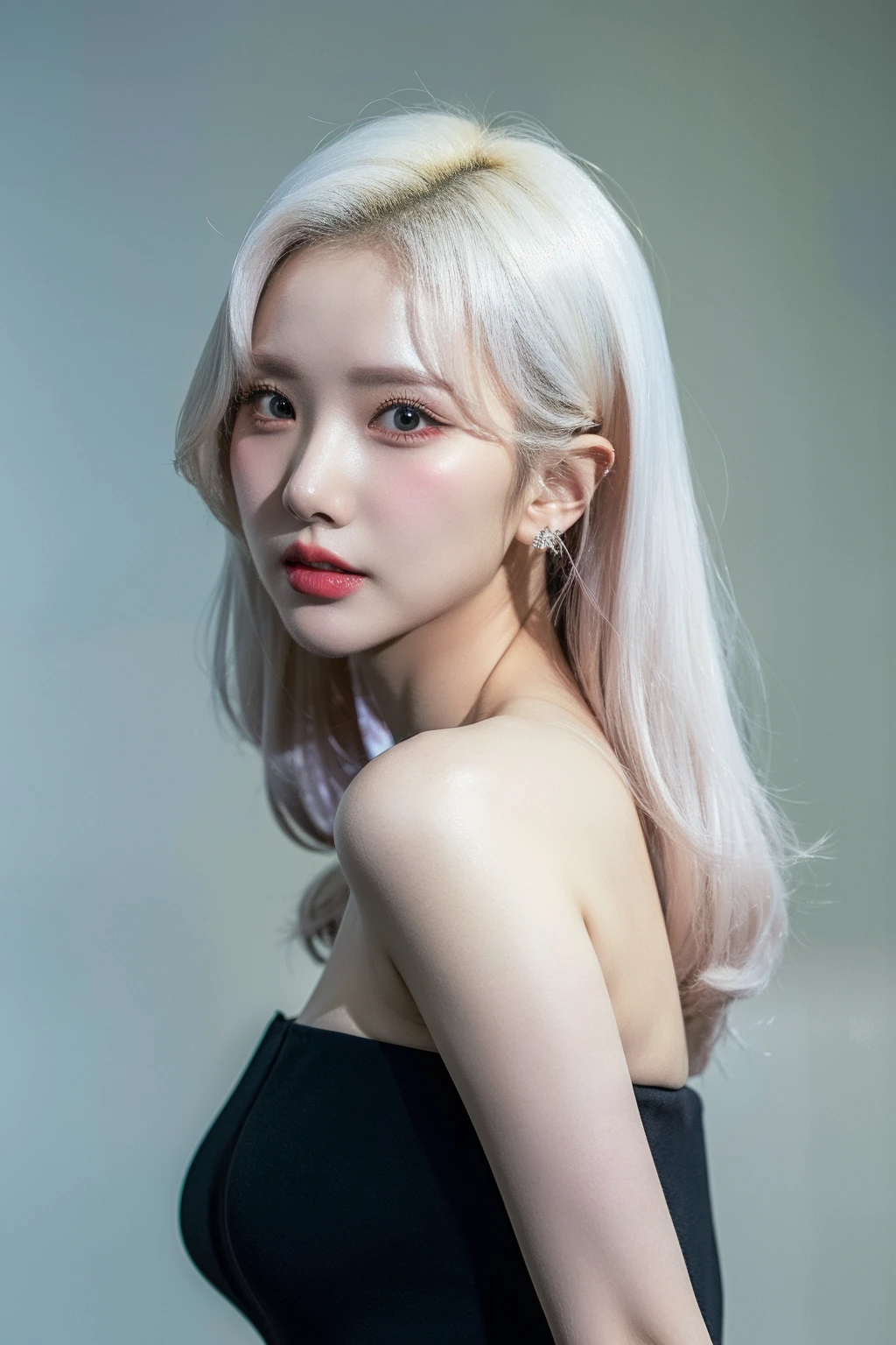 Best quality, masterpiece, ultra high res, (photorealistic:1.4), raw photo,1girl, solo, realistic, looking at viewer, upper body,simple background, black dress, off shoulder,  <lora:makina69_eunha_v1.0:1>, white hair,  from front