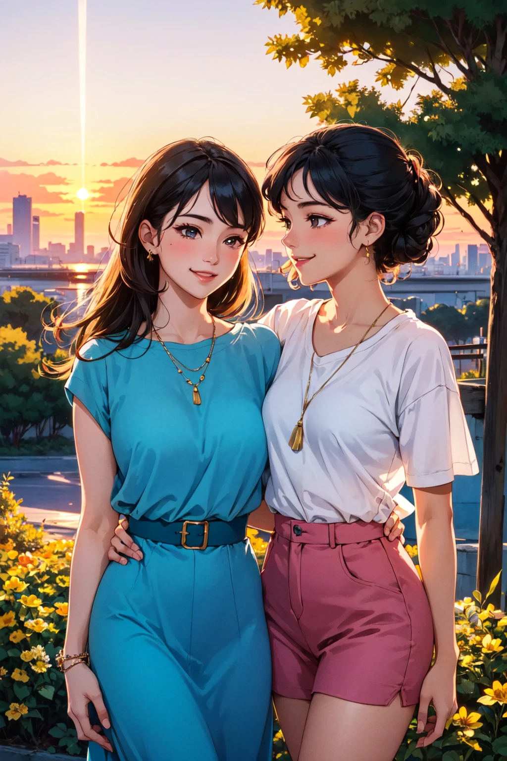 (masterpiece, best quality:1.2), intricate detail, (2girls), (mature women), nature, sunset, golden hour, warm glow, vaporwave, neon, 80s, hand on another's shoulder, casual outfit, smile, looking at another,