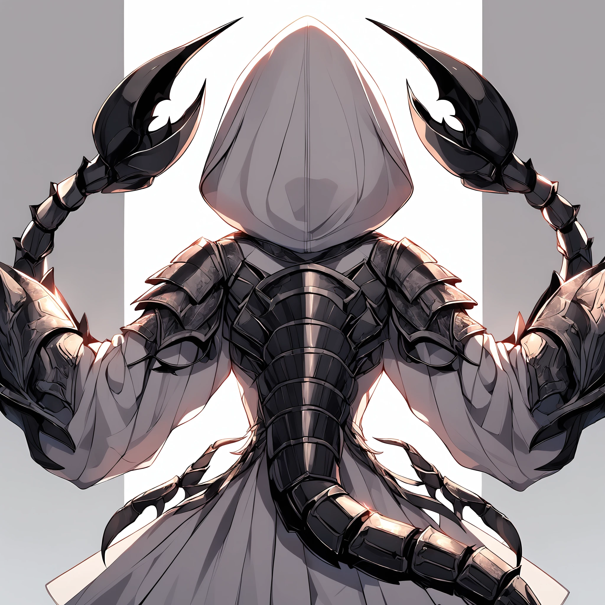 1girl, solo, white robe, (hood up:1.5)
<lora:sasoriishou_xl_v1:1>, sasoriishou, (from behind:1.5), gauntlet, claw, tail