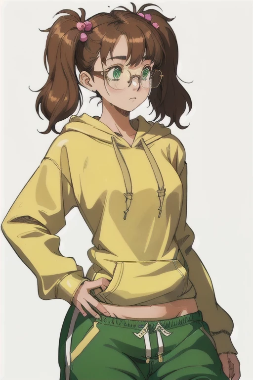 Lola Youngs(cute, innocent, nerdy **** girl, glasses, extremely detailed brown-green eyes, brown pigtails, petite body, medium bust, medium hips) wearing(Long Oversized hoodie, sweat pants) Looking away from the camera, shy