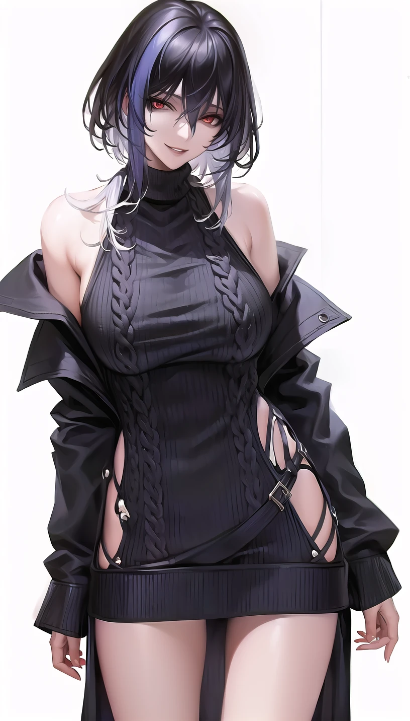 red eyes,
evil smile,
(virgin killer sweater:1.28),
lady,mature female, cowboy shot,
(white background, simple background:1.18),
highres,official art,original,masterpiece,best quality,
(large breasts),
<lora:Uni:1>