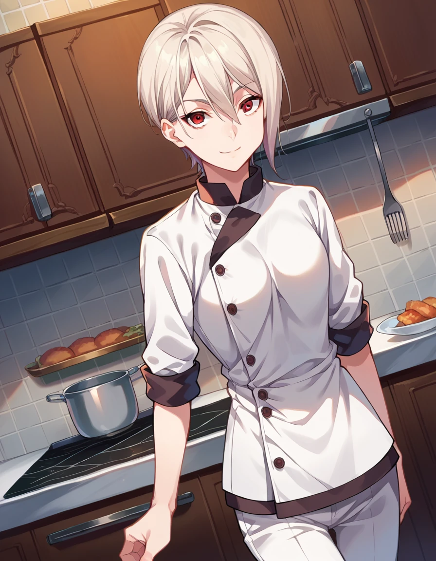 score_9, score_8_up, score_7_up, source_anime,
alicenakiri, <lora:alice-nakiri-ponyxl-lora-nochekaiser:1>,
alice nakiri, short hair, red eyes, white hair, hair between eyes, smile,
pants, white pants, chef, long sleeves, sleeves rolled up,
indoors, kitchen,
looking at viewer, dutch angle, cowboy shot,