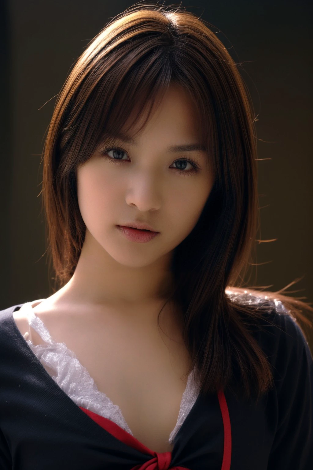 1girl, solo, (RAW photo, best quality), (realistic, photo-realistic:1.4), masterpiece, an extremely delicate and beautiful, extremely detailed, 2k wallpaper, Amazing, finely detail, extremely detailed CG unity 8k wallpaper, ultra-detailed, highres, soft light, beautiful detailed girl, extremely detailed eyes and face, beautiful detailed nose, beautiful detailed eyes, cinematic lighting, perfect anatomy, close up, ((in the market, depth of field, dark background)), ((cinematic lighting, highly detailed, sharp focus, professional photoshoot, 8k, DOF)), (small breasts, cleavage, looking at viewer), <lora:mihiro:1>,  <lora:breastsizeslideroffset:-0.4>, <lora:add_detail:1>, <lora:skin_slider_v2_1_FACE:0.5>, (student uniform:1.3)